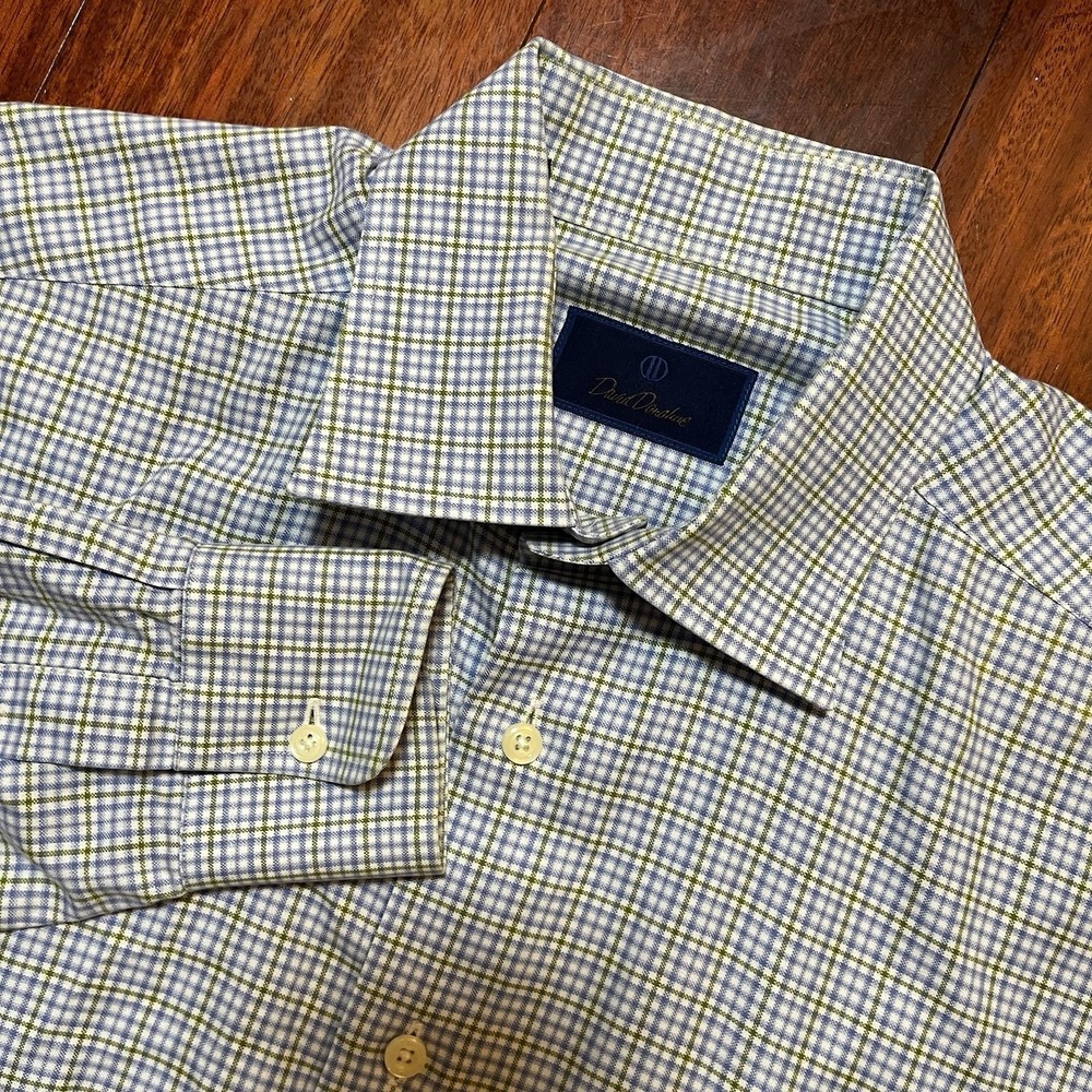 David Donahue Mens 16.5 34/35 Blue Green Check Plaid Preppy Luxury Dress Shirt